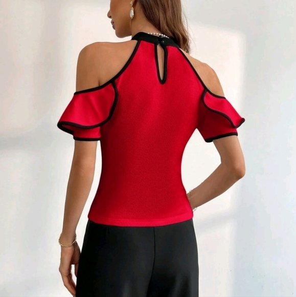 Women's Elegant Commuter Color-Block Ruffle Ruffle Short Sleeve T-Shirt - Picture 2 of 6